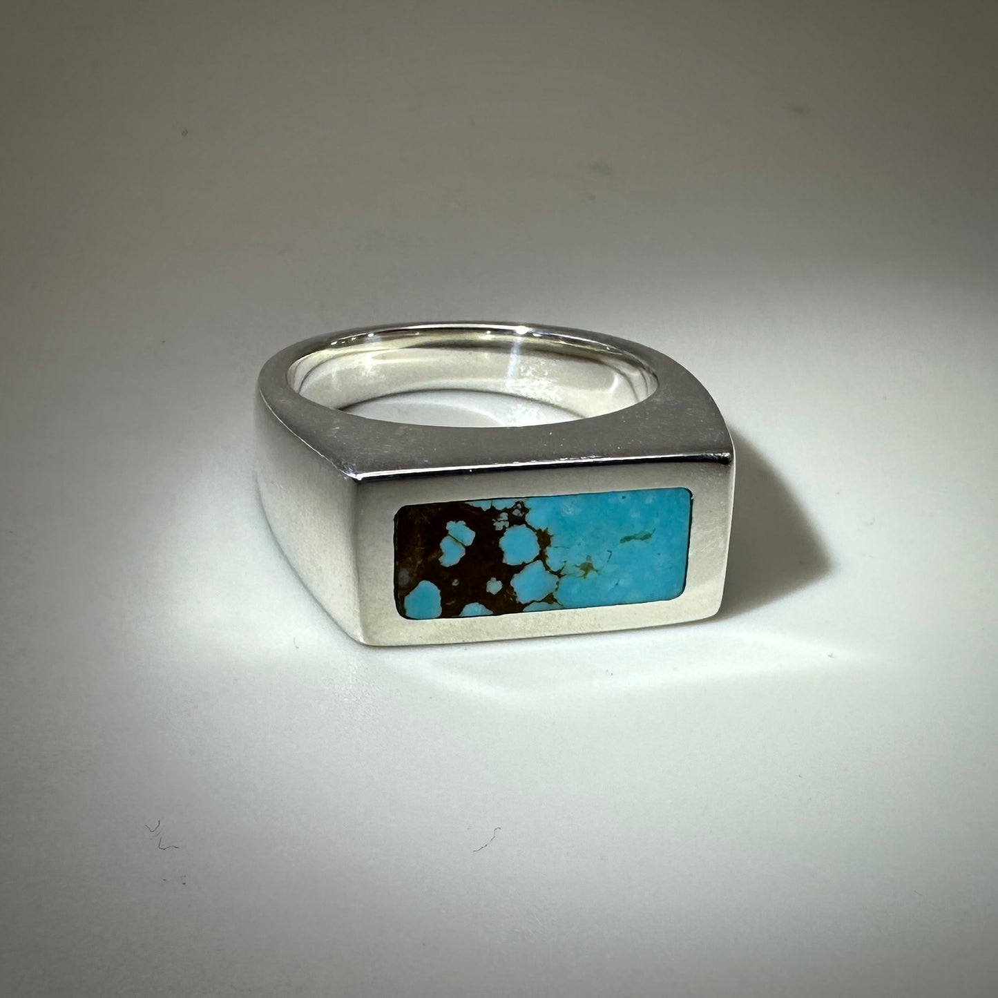 #8 Mine Turquoise inlaid in Signet Sterling Silver Ring size 11