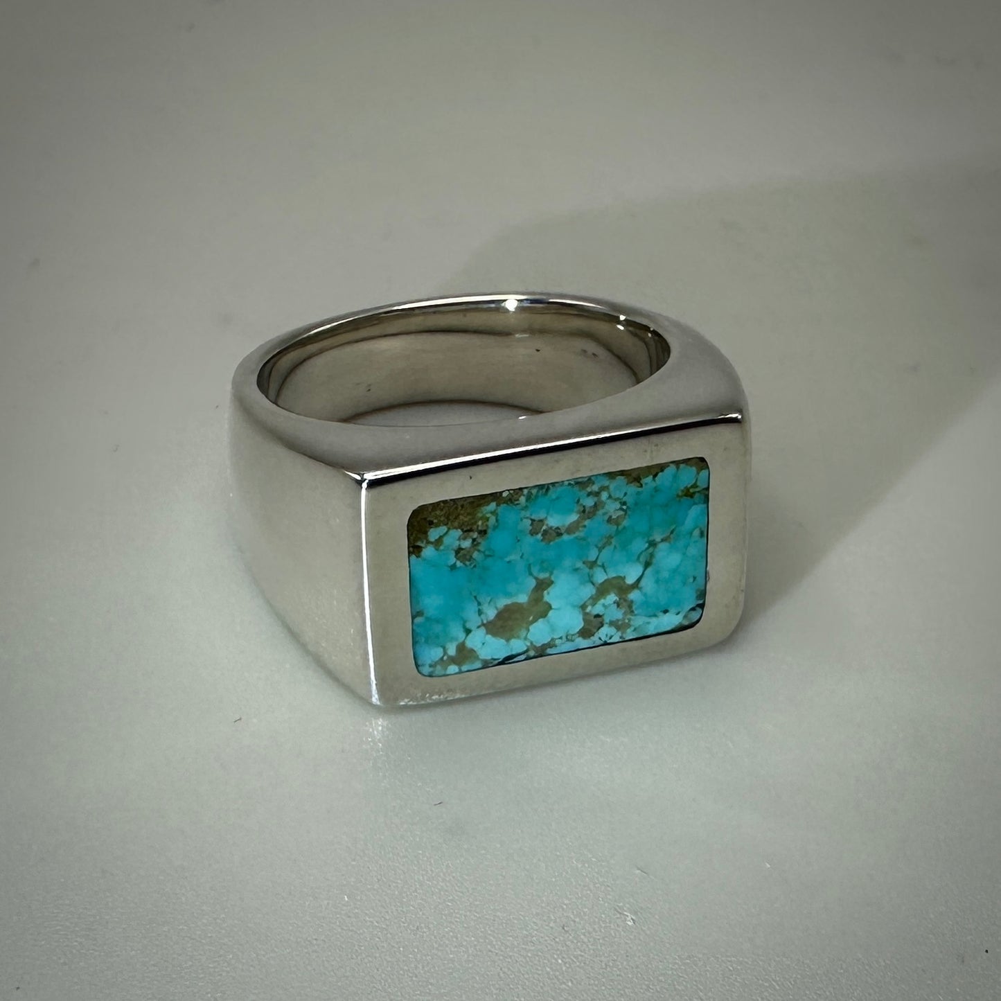 #8 Mine Turquoise inlaid in Signet Sterling Silver Ring size 10.5