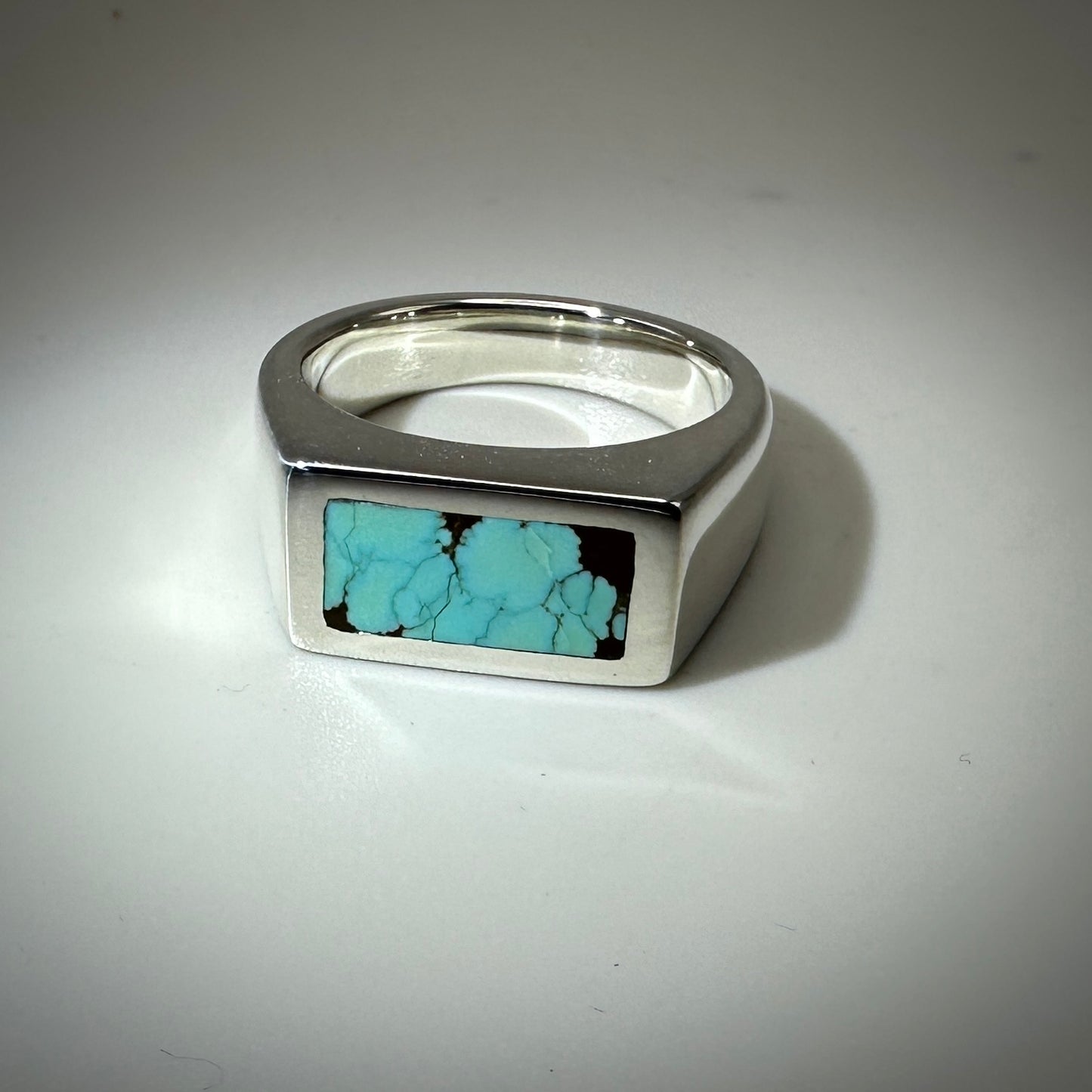 #8 Mine Turquoise inlaid in Signet Sterling Silver Ring size 11.5