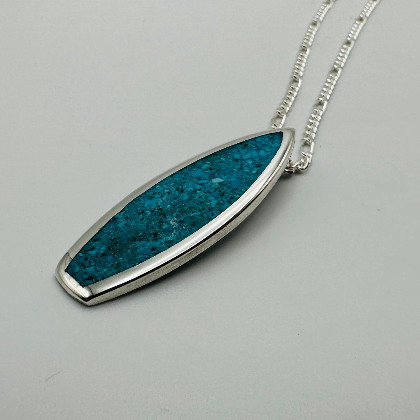Crushed Kingman Turquoise Sterling Silver Surfboard Necklace-No Fins