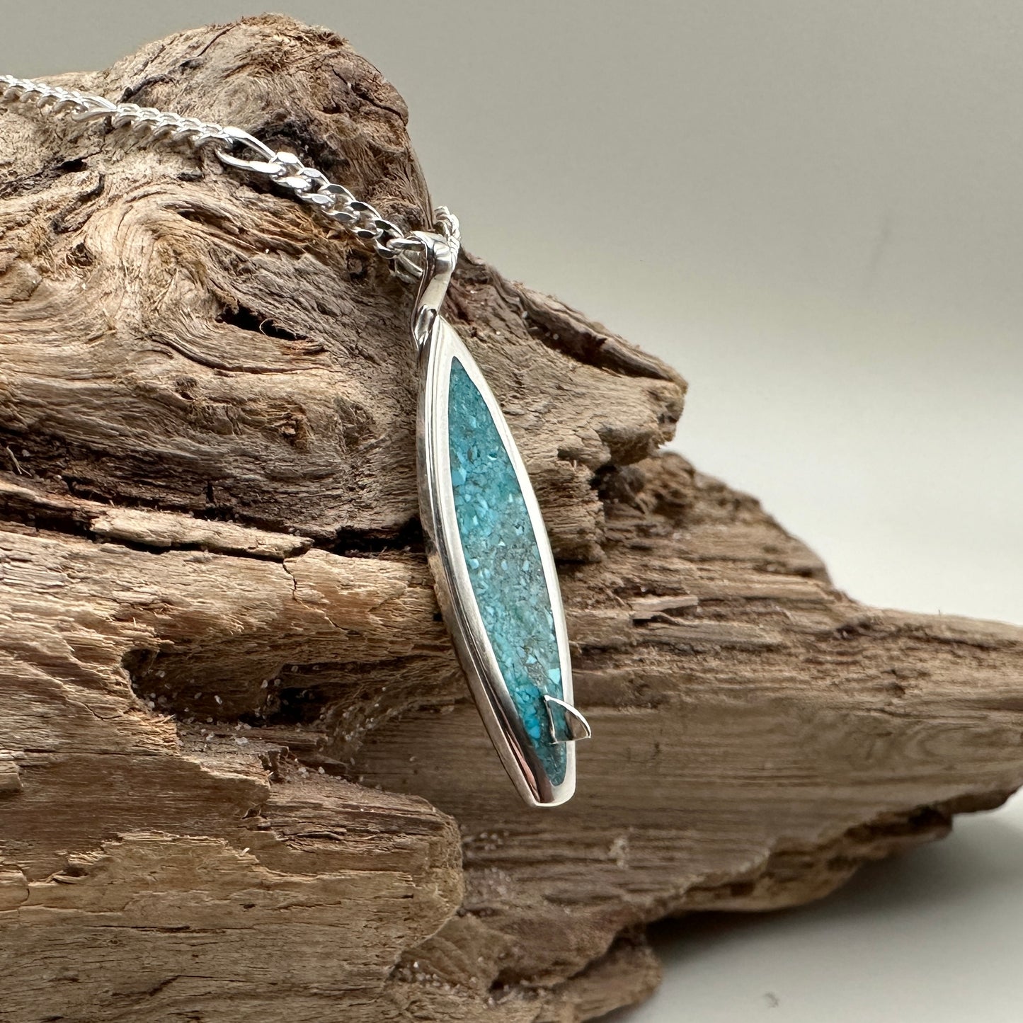 Crushed Kingman Turquoise Sterling Silver Surfboard Necklace