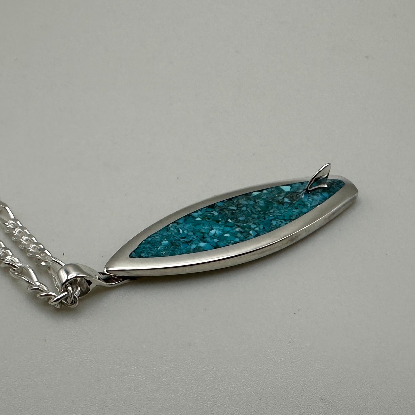 Crushed Kingman Turquoise Sterling Silver Surfboard Necklace