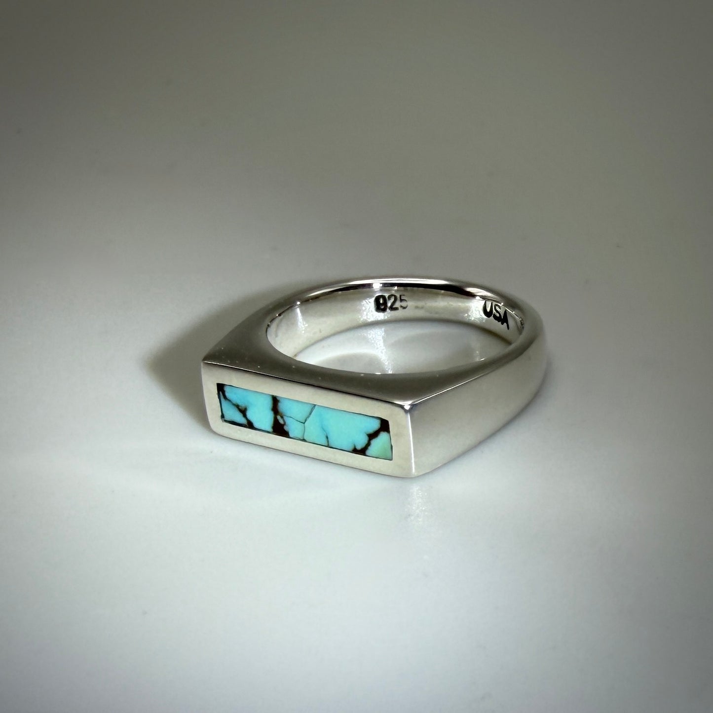 #8 Mine Turquoise inlaid in Signet Sterling Silver Ring size 4.5