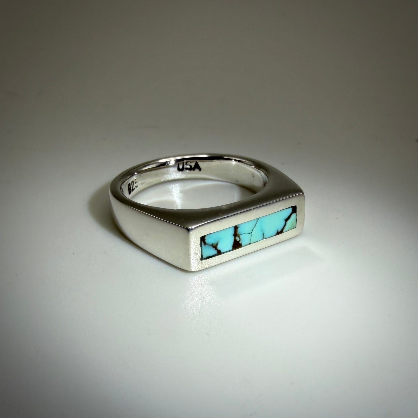 #8 Mine Turquoise inlaid in Signet Sterling Silver Ring size 4.5