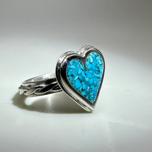 Kingman Turquoise Inlaid in Sterling Silver Heart Ring, size 7